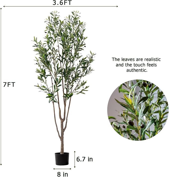Erimda 7FT Artificial Olive Tree Tall Faux Silk Plant Tall Faux Olive Tree with Natural Wood Trunk & Lifelike Fruits Fake Potted Tree or Home Office Decor