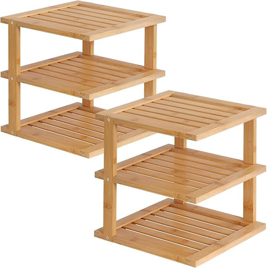 2 Pack Bamboo Corner Shelf,3 Tier Kitchen Cabinet Organizer for Plates and Dishes,Pantry Storage and Spice Rack（Natural）