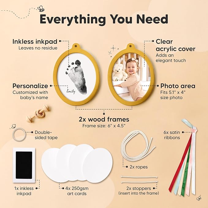 KeaBabies Inkless Baby Hand and Footprint Ornament Kit and First 5 Years Baby Memory Book Journal - Two-sides Baby Footprint Kit, Personalized Baby Gifts Photo Frame - 90 Pages Keepsake Baby Book