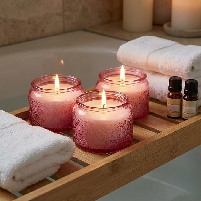 4 oz Pink Sun Moon Stars Candle Jars with Bamboo Lids, 18 Pack | Patented Embossed Design, Includes Wick Centering Devices & Warning Labels, Multiple Color Options