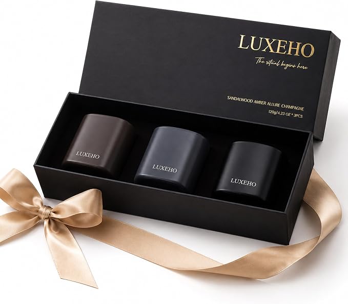 Luxury Scented Candle Set 3-Pack | Home Decor & Giftable Soy Candles | Champagne, Sandalwood & Amber | 75h Burn Time | Cotton Wick | Elegant Decorative Jars