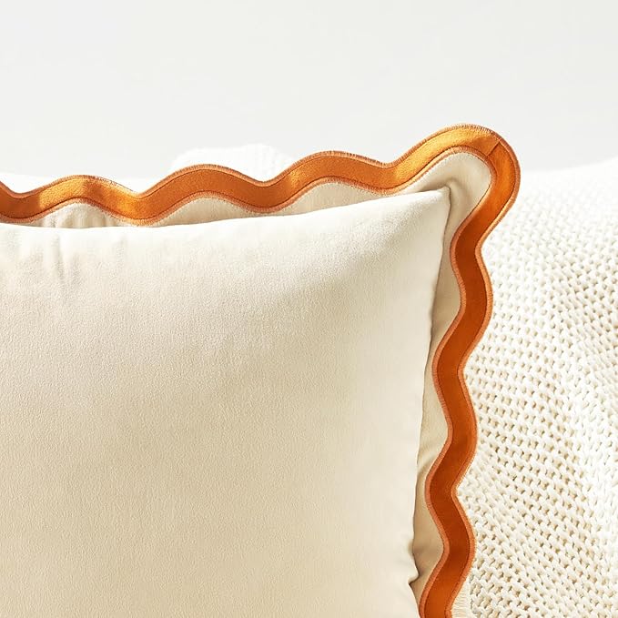 MONDAY MOOSE Decorative Throw Pillow Covers Cushion Cases, Set of 2 Soft Velvet Scalloped Wavy Edge Designs, Mix and Match for Home Decor, Pillow Inserts Not Included (18x18 inch, Honey/Cream)