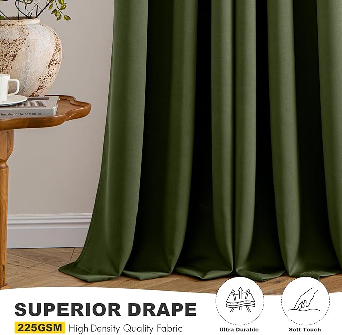 MIULEE Olive Green Blackout Curtains for Bedroom Living Room 63 Inches Long 2 Panels, Thermal Insulated Room Darkening Drapes Solid Grommet Noise Reduction Light Blocking Window Treatments 34x63 Inch
