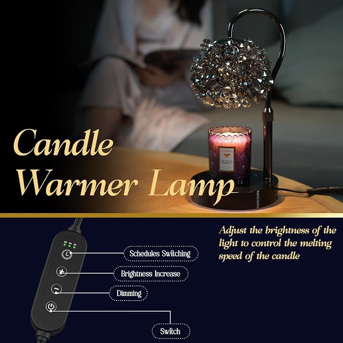 Luxury Candle Warmer Lamp with Timer & Dimmable Brightness, Crystal Gemstone Shade & Premium Base - Adjustable Wax Melt Warmer for Home Decor