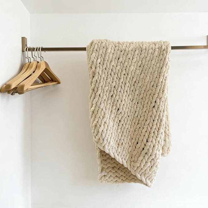 Soft Chunky Knit Throw Blanket for Couch, Cozy Warm Knitted Blankets | Hand Knit with Jumbo Chenille, Lightweight Warm Fluffy Decor for Women, Mom, Her & Girls, Sofa, Chair, Bed, 40"×60" (Beige)
