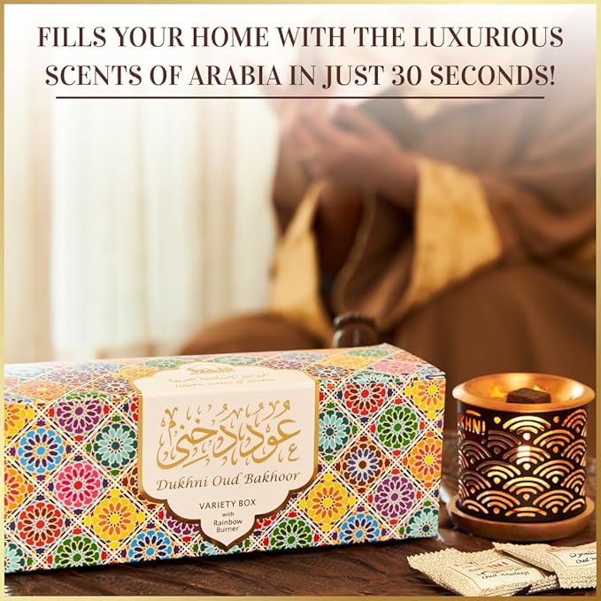 Oud Bakhoor Variety Box & Burner by Dukhni | Arabian Oudh Set with Candle Incense Burner | 20 pcs Arabic bukhoor Incense Bricks, 10 Mixed scents | Islamic, Eid & Ramadan Gifts | Home Fragrance