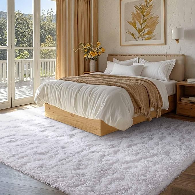 FinRèc 5x8 Feet White Rugs for Bedroom Living Room, Plush Shag Area Rug, Non-Slip Fluffy Furry Rug for Nursery Kids Room Dorm Room Home Decor, Indoor Shaggy Floor Carpet