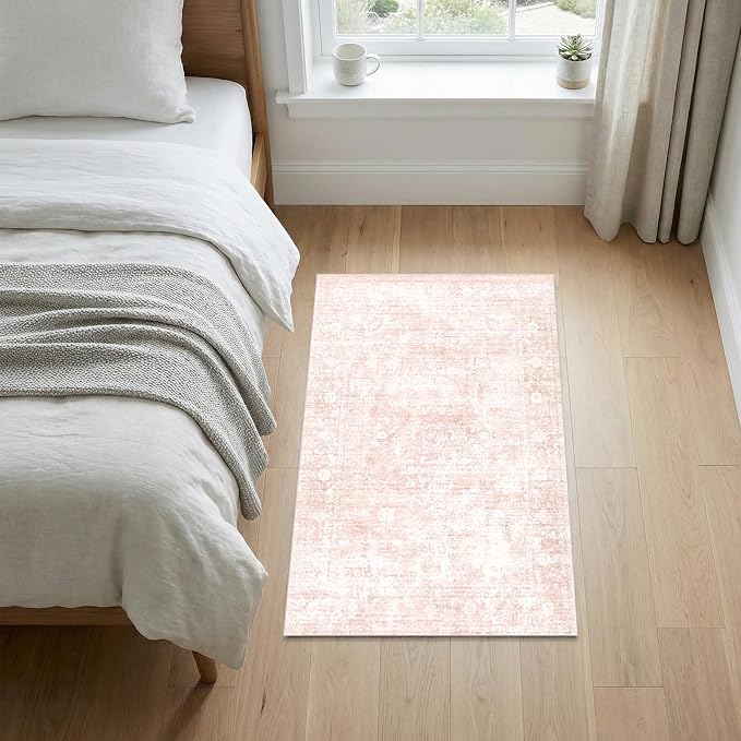 Homemate Washable Rug 3x5 Area Rugs - Vintage Faux Wool Rugs for Living Room Bedroom Dining Room - Non Slip Foldable Carpet Indoor Area Rug for Home Decor（3'x5', Pink