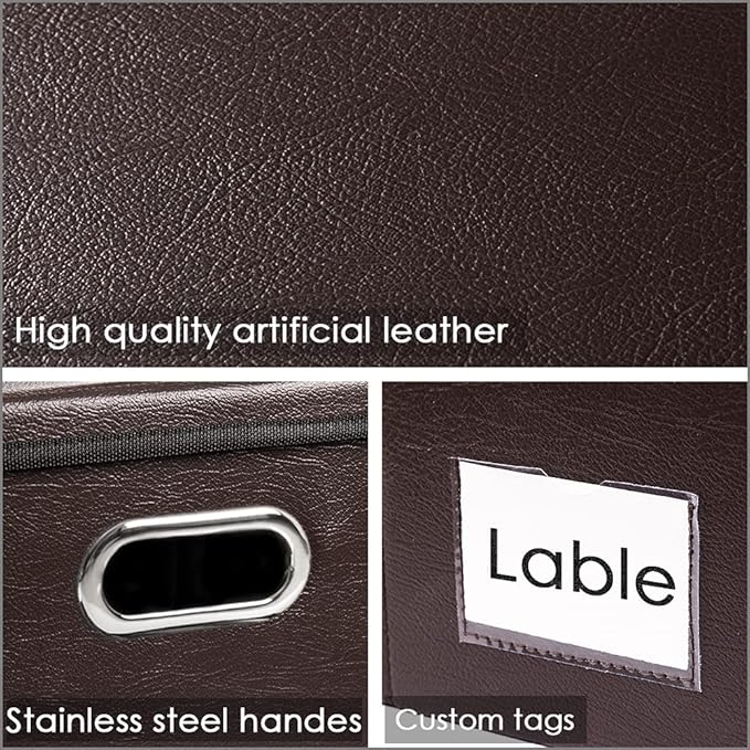 PRANDOM Foldable Storage Bins with Lids [5-Pack] Leather Fabric Collapsible Storage Boxes Organizer Containers Baskets Cube with Cover for Bedroom Closet Office Nursery Brown 14.9x10.8x10