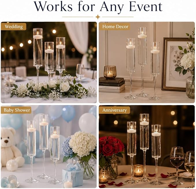 Koyal Wholesale Tall Skinny Floating Candle Holders, Modern Raised Slim Glass Hurricane Pedestal Candles Holder for Weddings, Centerpieces, Home Decor, Parties (Set of 3)