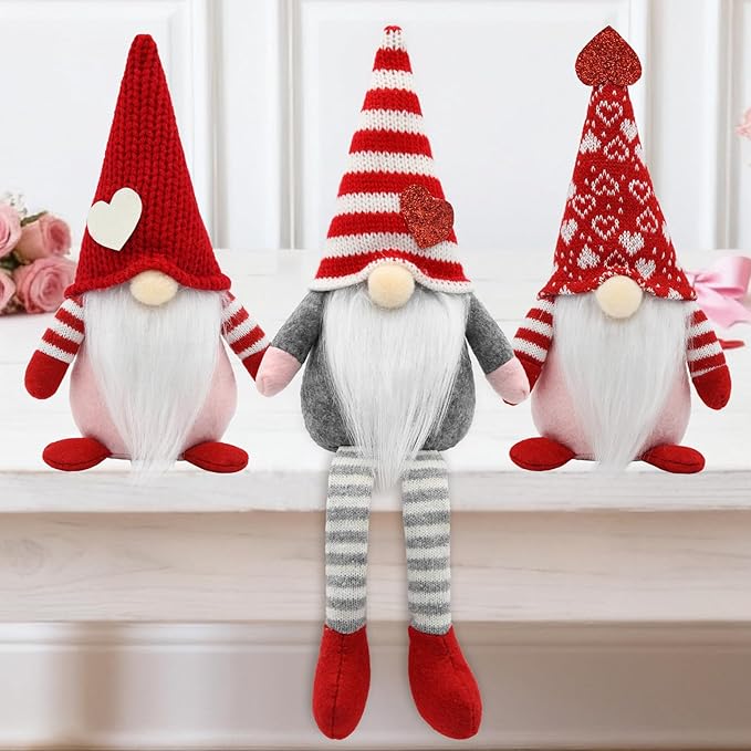 Valentines Day Decorations, 3Pcs Valentine Gnomes Plush with Hearts, Table Tired Tray Decor Indoor for Home Office, Romantic Gift for Her, Him