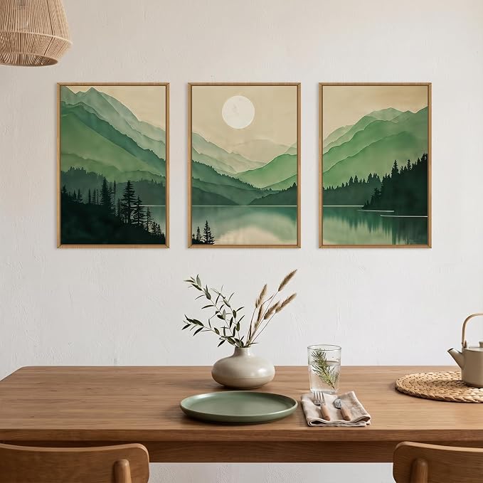 Green Boho Mountain Framed Canvas Wall Art Set, Watercolor Modern Forest Sun Wall Decor,Natural Abstract Lake Landscape Artwork for Living Room,Bedroom,Dining Room,Office-16 x24 x3