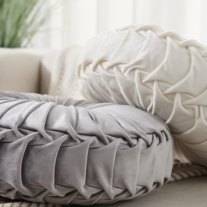 MOJUN Velvet Throw Pillow - Round, Pleated, Filled - Home Decorative Pillow for Couch, Chair, Bed, Car, Floor (Coffee, 14inch)