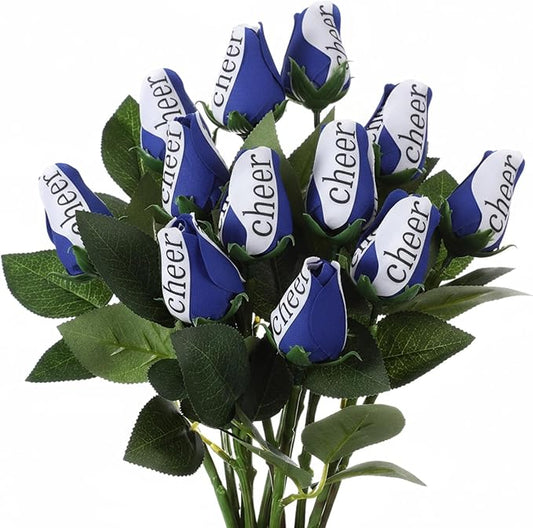Suhine 12 Pcs Blue Cheer Gifts Cheerleader Cheerleading Artificial Rose Flowers Gifts Bulk for Women Cheer Team Sport Game Day Birthday Graduation Party Decorations Favors(Blue White, Normal)