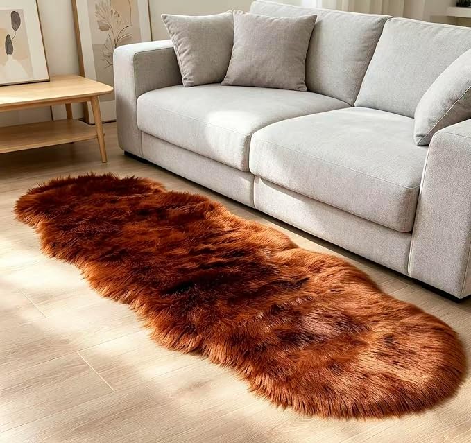 Faux Fur Sheepskin Runner Rug Caramel 2x6 ft Ultra Soft Shaggy Plush Fluffy Fuzzy Area Carpet Decorative Chair Cover Floor Mat for Bedroom Sofa Living Room Bedside