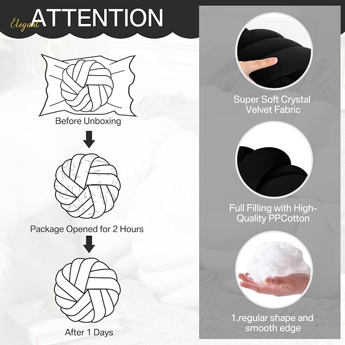 Fumete 2 Pcs 14 Inches Knot Pillow Round Throw Soft Plush Knot Ball Pillow Handmade Knotted Modern Home Decorative Cushion for Bed Bedroom, Sofa, Couch (Black)