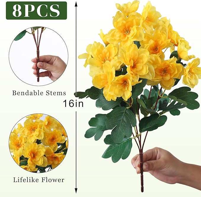 8 Bundles Artificial Flowers for Front Door, Fake Silk Azalea Bouquet Silk Flowers for Outside UV Resistant Realistic Faux Plants for Planter Farmhouse Patio Garden Walkways Home Decor (Yellow)