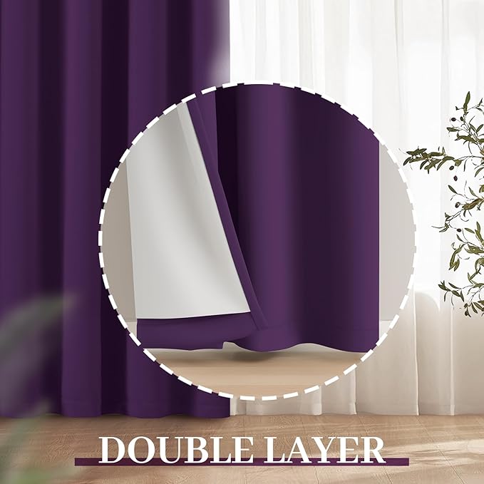 Yakamok Room Darkening 100% Blackout Curtains Grommet Window Treatments with 2 Thick Layers-Purple Thermal Insulated Drapes Set of 2 Panels for Bedroom Living Room 52 Inches by 84 Inches Length