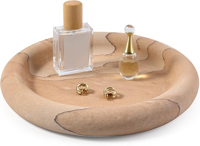 Marble Tray, 9.45" Marble Round Decorative Vanity Tray for Bathroom Bedroom Countertop, Kitchen Counter, Stone Catchall Tray for Perfume Jewelry Candle Dish (Vein Sandstone)