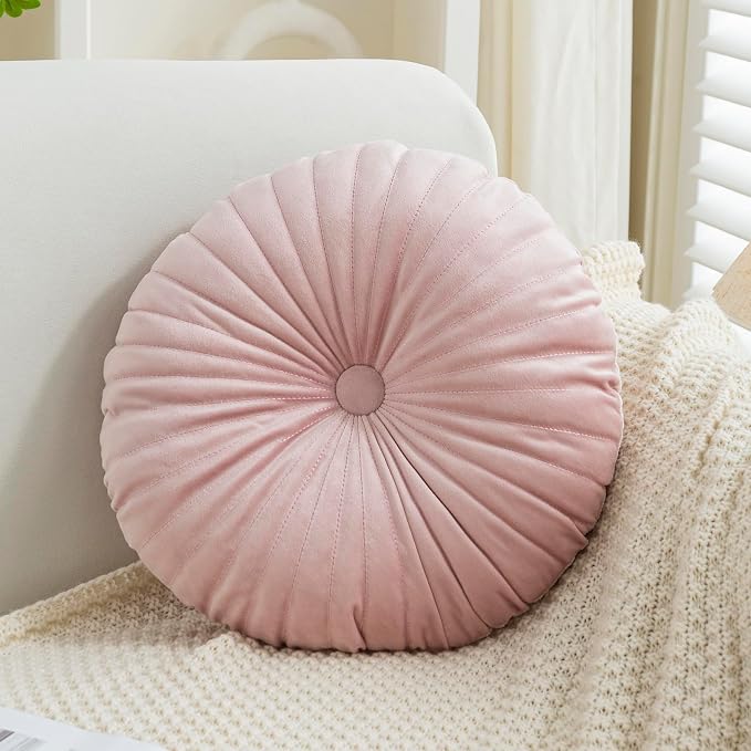 Teieas Velvet Round Throw Pillow Pleated Round Pillow Cushion Decoration for Couch Chair Bed Car Pink