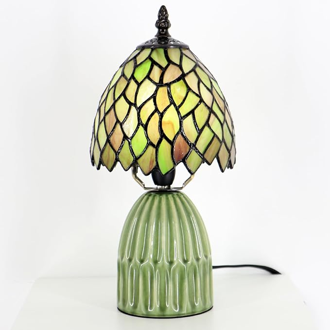 Tiffany Stained Glass Mushroom Table Lamp 12.5 Inch -Brownish Leaf | Tiffany Lamp,6X6X12.5 Inch,Small Night Light,Ceramic Base, Mini Accent Light Suitable,Bedside,Bedroom, Children Room,Antique