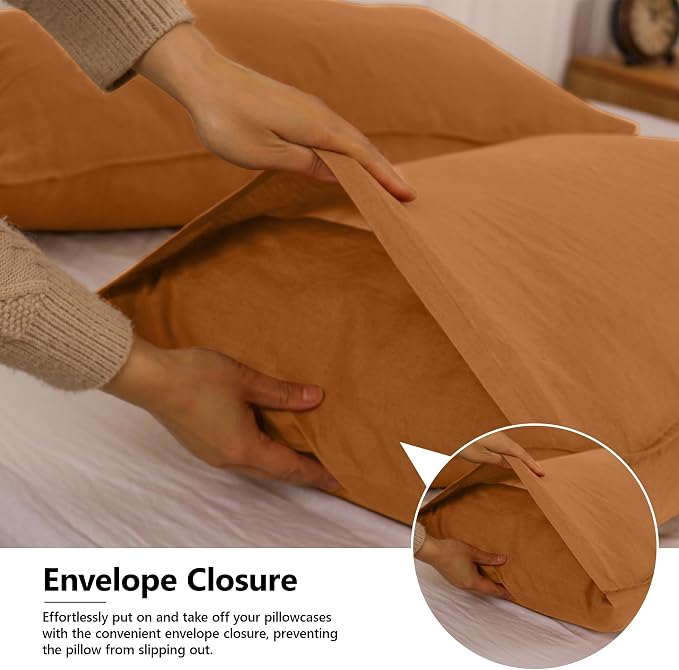 Simple&Opulence 100% Linen Pillowcases Basic Style Solid Color Set of 2, King Size Stone Washed Flax Pillow Cover Envelope Closure (20''x40'', Rust)