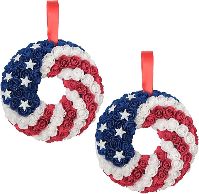 Idyllic 2 Pcs Patriotic Wreaths, 10 Inch 4th of July Decorations with Red White Blue Roses & Stars - Independence Day Wreaths for Front Door, Double Pack Holiday Decor