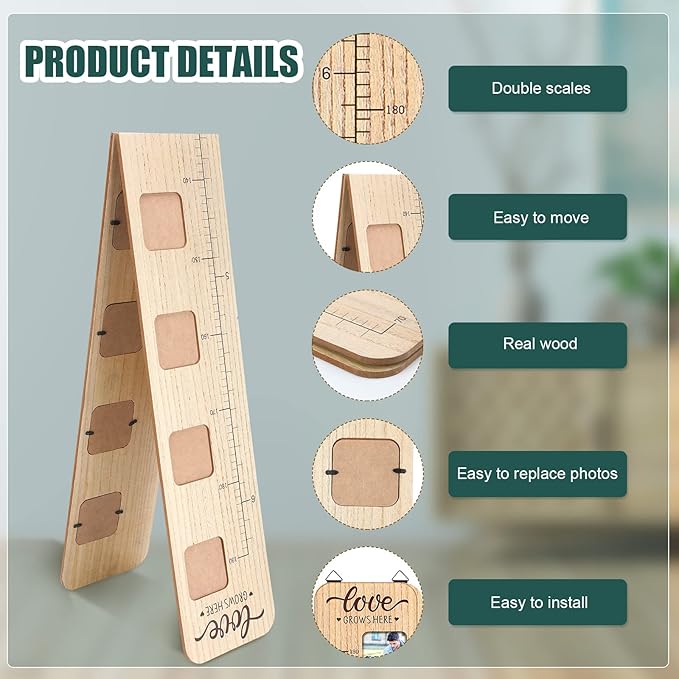 Chunful Wooden Growth Chart for Kids with Picture Frames Height Growth Chart for Wall Foldable Height Measurement Ruler for Boy Girl Teen Bedroom Playroom Nursery Child's Room Wall Decoration