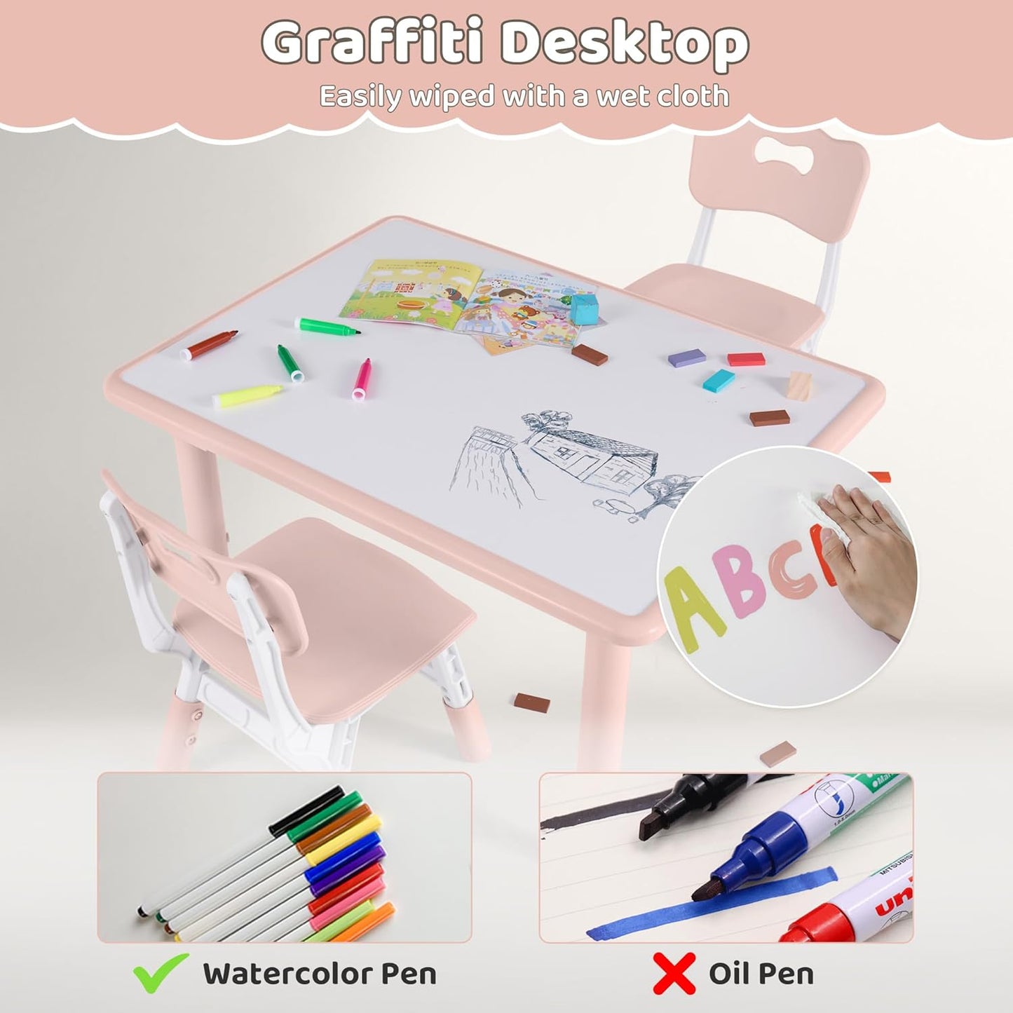 Kids Table and 2 Chairs Set, Height Adjustable (17.7"-26.1") Toddler Table and Chair Set, Multi-Activity Table with Graffiti Desktop, Children’s Table and Chairs for Classroom, Home & Daycare