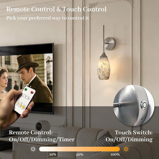 Brushed Nickel Battery Operated Wall Sconces Set of 2, Rechargeable Wireless Wall Lights, Touch & Remote Control, Dimmable 3 Color Temperatures, Magnetic Mount Hand-Blown Glass Sconce