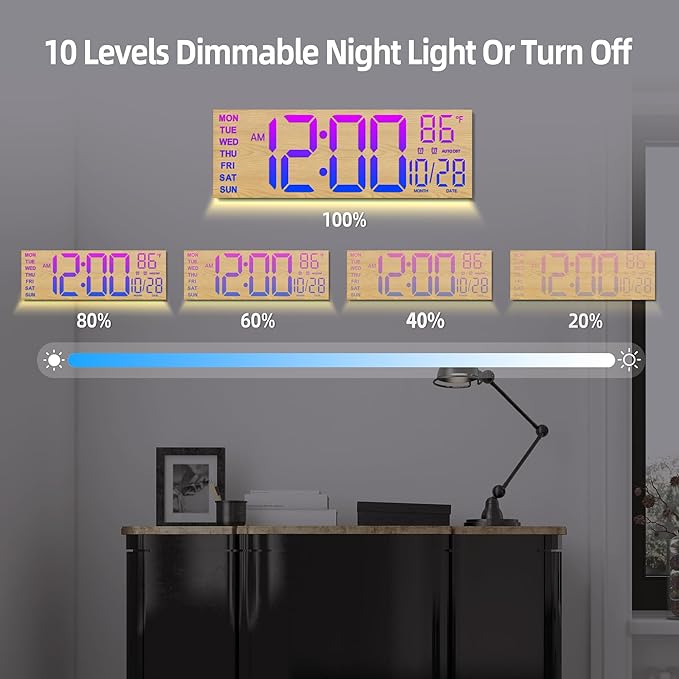 HAITANG 16.2" Large Digital Clock， 8 Colors Decorative Wood Wall Clock with Temperature, Date, Auto DST, Night Light, Auto Brightness Dimmer, 24/12-hour Wall Clock for Living Room Classroom Gym