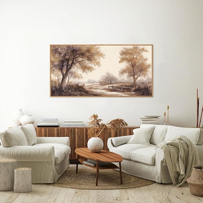 Rantodecor Vintage Landscape Framed Canvas Wall Art, Rustic Tree Sketch Wall Decor, Large Claming Nature Forest Art Paintings, Modern Relax Farmhouse Artwork for Bedroom Living Room 40"x20"