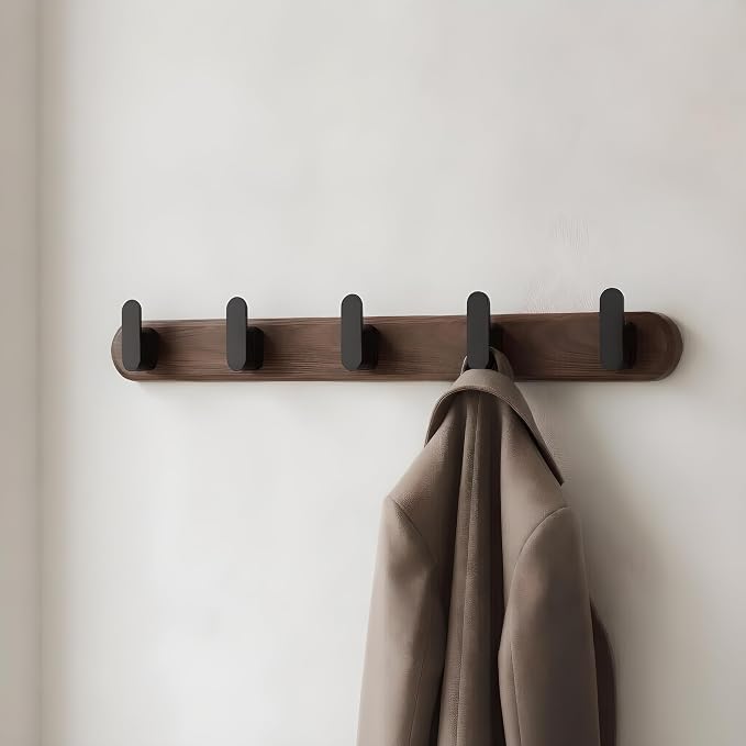 Jugen Coat Rack Wall Mount – Solid Black Walnut with 5 Heavy Duty Matte Black Hooks, Wooden Wall Coat Rack for Entryway, Coats, Hats & Bags - 19.7in, No Drill Adhesive or Hidden Screw Mount