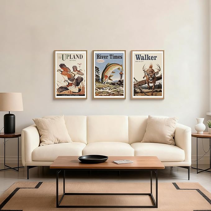 LHIUEM Vintage Hunting Framed Canvas Wall Art,Retro Deer Wild Birds Fishing Wall Decor,Nature Wilderness Posters Artwork for Living Room,Bedroom,Dining Room,Farmhouse -24"x36"x3