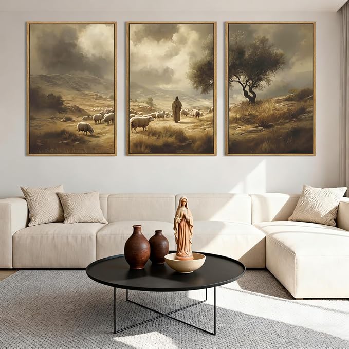 HPNIUB Neutral Jesus Leaves the 99 Sheep Framed Wall Art Set | Easter Lost Lamb Christian Religious Vintage Inspiring Good Shepherd Artwork for Church Room Christian Faith Gift-16''x24''x3