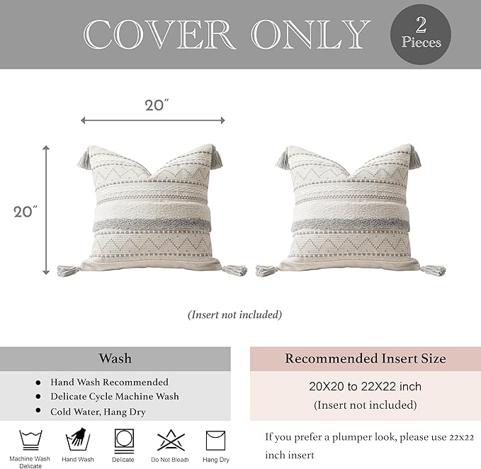 BlissBlush Gray Decorative Throw Pillow Covers 20x20 Combo Set of 2 Square Boho Neutral Grey Accent Pillowcase Tassels Farmhouse Cushion for Couch Sofa Bedroom Living Room Home Décor Cover ONLY