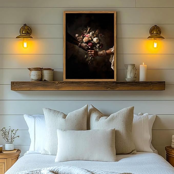 Framed Black Love Floral Wall Art, African American Couple Canvas Wall Decor Prints, Dark Romantic Holding Flowers Paintings Pictures Moody Home Decor Aesthetic for Living Room Bedroom 16x24 inch