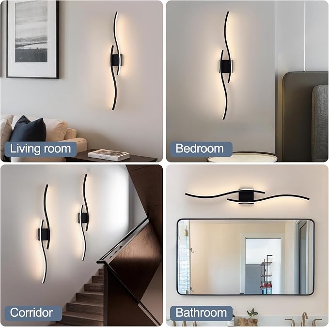 Modern LED Wall Sconce Set of Two, Dimmable Battery Powered Wall Sconces, 3000K-6500K Wireless Wall Light, Rechargeable Wall Lamp Indoor not Hardwired for Room Bedroom Corridor, 39.3in(Black)