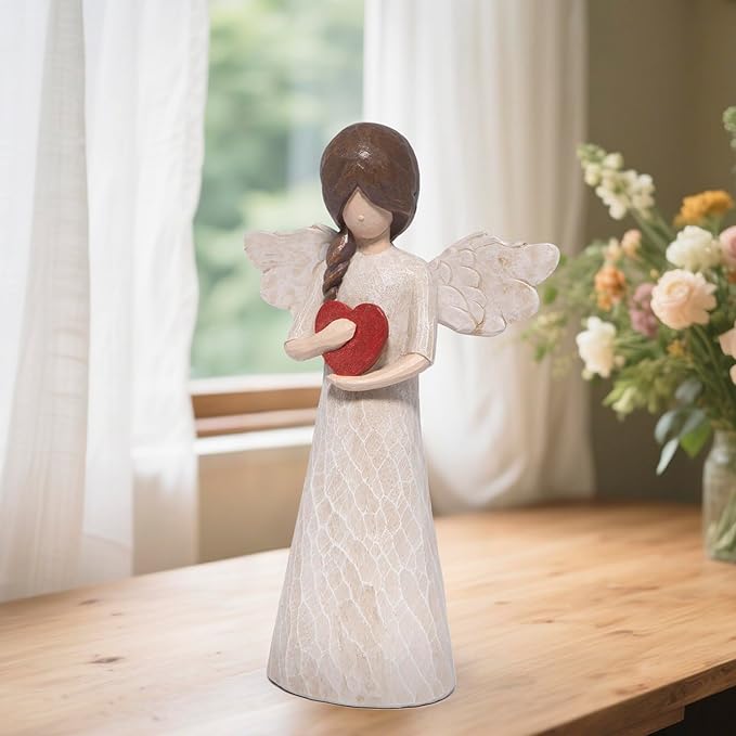 Hodao Angel Figurine with Heart — Wood-Carved Look Resin Christmas Decorations, Indoor Home Decor Ornaments, 8.5" Tall Guardian with Red Heart, Hand-Painted Figurines for Shelf, Mantel & Gift-Giving