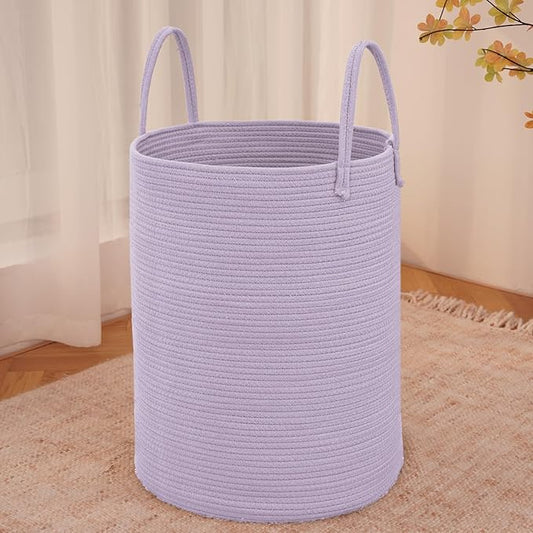 JMvicyroam Large Woven Laundry Basket Hamper,100L Cotton Rope Storage Bin for Blankets,Toys and Clothes,Decorative Tall Nursery Hamper for Living Room,Baby Nursery,Bathroom and Bedroom,Purple