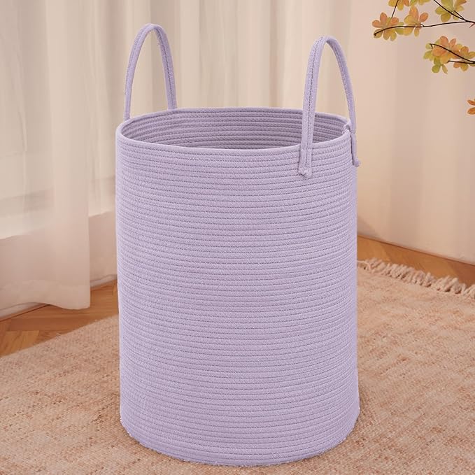 JMvicyroam Large Woven Laundry Basket Hamper,60L Cotton Rope Storage Bin for Blankets,Toys and Clothes,Decorative Tall Nursery Hamper for Living Room,Baby Nursery,Bathroom and Bedroom,Purple