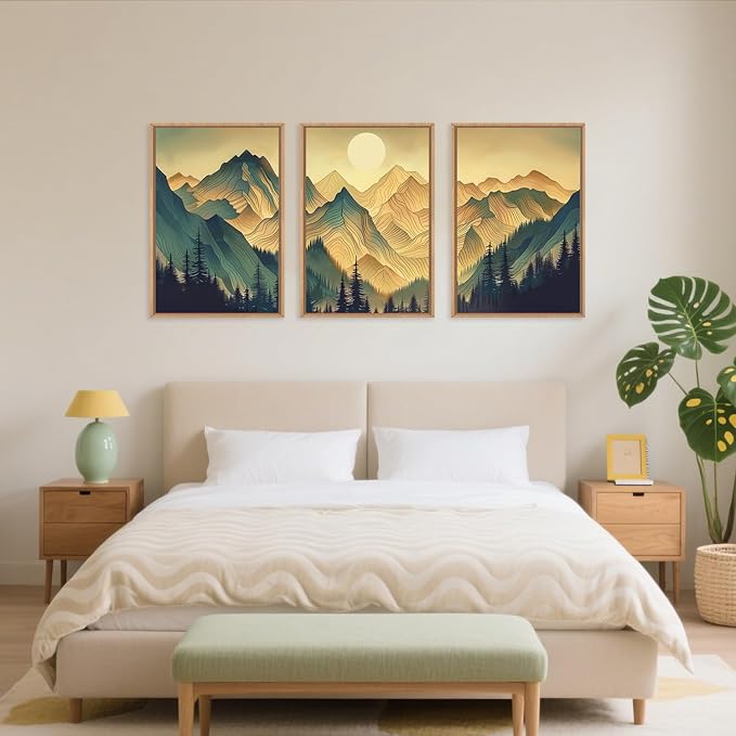 Mountains Forests Framed Canvas Wall Art Set, Abstract Woodland Painting, Boho Scenery Sun Wall Decor, Natural Woodgrain Art Print for Living Room, Bedroom, Dining Room, Office - 24"x36"x3