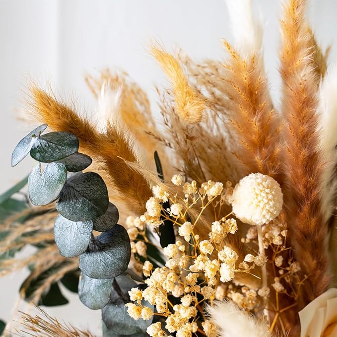 101pcs Artificial Flowers in Vase Natural Dried Pampas Grass Decor with Vase Boho Home Decor Bouquet Bunny Tails Dried Flowers, Reed Grass Bouquet for Wedding Floral Arrangements (101pcs)