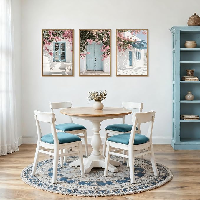 HOURIA Spring Modern Greek Island Cityscape Framed Canvas Wall Art Set,European White House Blue Door Shutter Landscape Wall Decor,Santorini Natural Pink Flower Artwork for Living Room, Bedroom-16"x24"x3