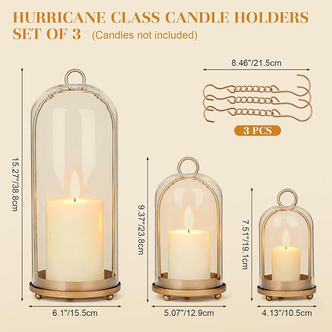 15"&9"&7" Hurricane Glass Candle Holders Set of 3, Metal Candle Holder with Handmade Glass Dome in Brass, Hanging Versatile Hurricane Glass Candle Holders for Pillar Candles (Candles Not Including)