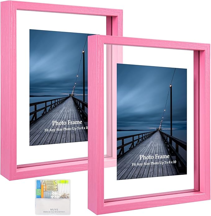 MUYE 8x10 Floating Frame Set of 2,Double Real Glass Photo Frame for Wall Hanging or Tabletop Standing,Display Any Size Photo up to 8x10,Pink