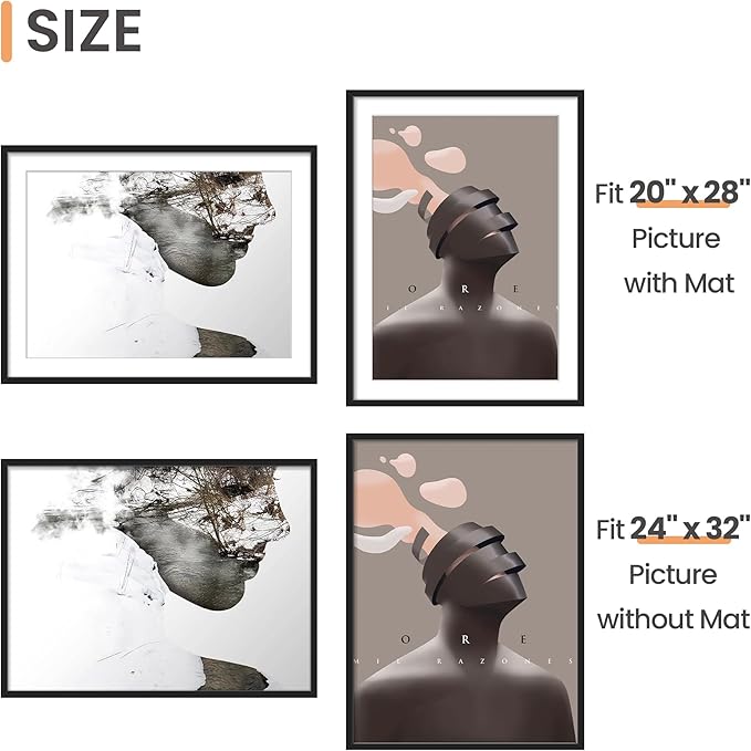 upsimples 24x32 Poster Frame, Display Pictures 20x28 with Mat or 24 x 32 Without, Wall Hanging Picture Frames, Black, 1 Pack