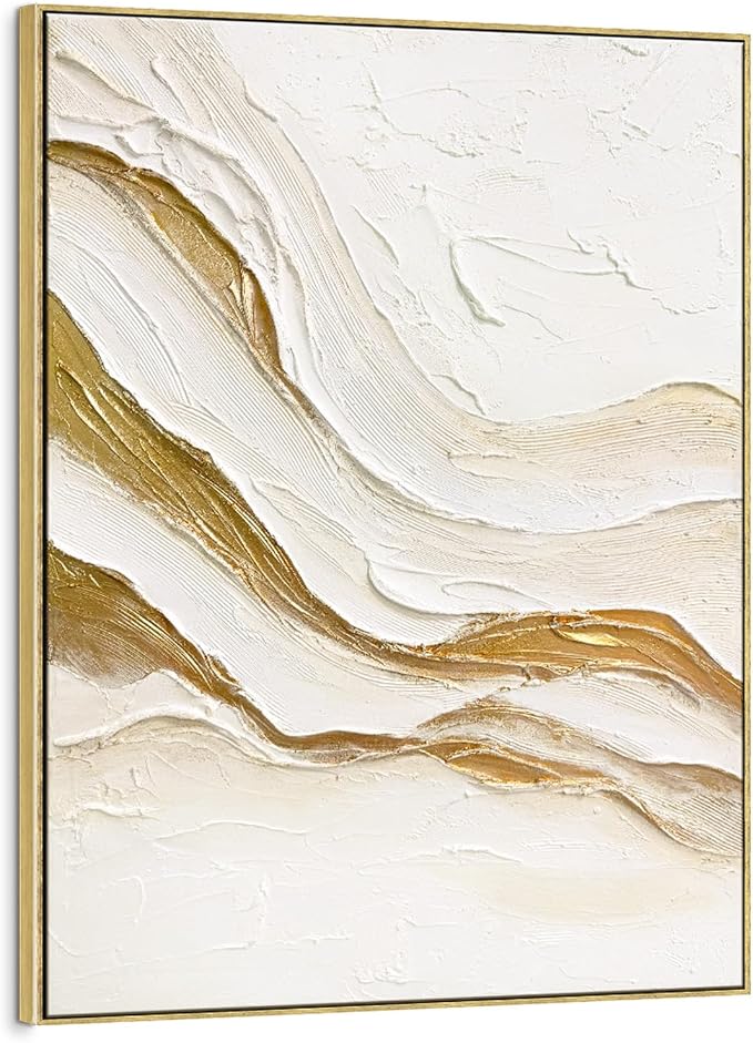 SAFERRYHOME Abstract Texture Hand Painted Wall Art, White Gold, 30"x40" | Large 3D Textured Framed Canvas Wall Decor, Modern Neutral Painting Minimalist Wave Artwork for Home Office Living Room