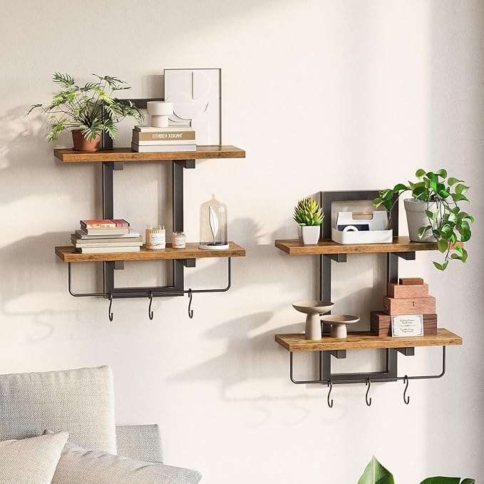 Creso hom Floating Shelves for Wall Set of 2, Wood Wall Shelf with 6 Hooks, 2 Tier Hanging Decorative Storage Shelves for Living Room Bedroom Bathroom Kitchen Office Coffee Bar, Rustic Brown
