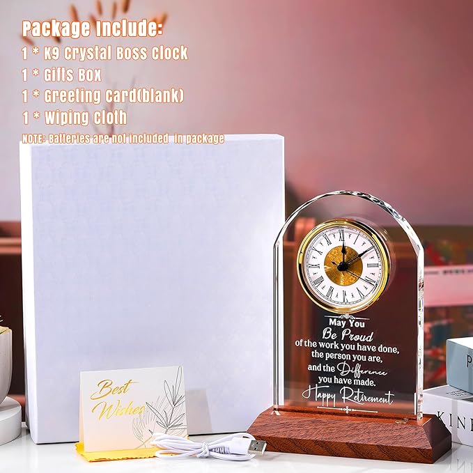 Retirement Clock Gifts for Women Men, Happy Retirement Gifts for Boss Coworkers, Going Away Gift for Retired Friends Leaving Presents for Leader Teacher, K9 Crystal Clock with Light Wooden Base